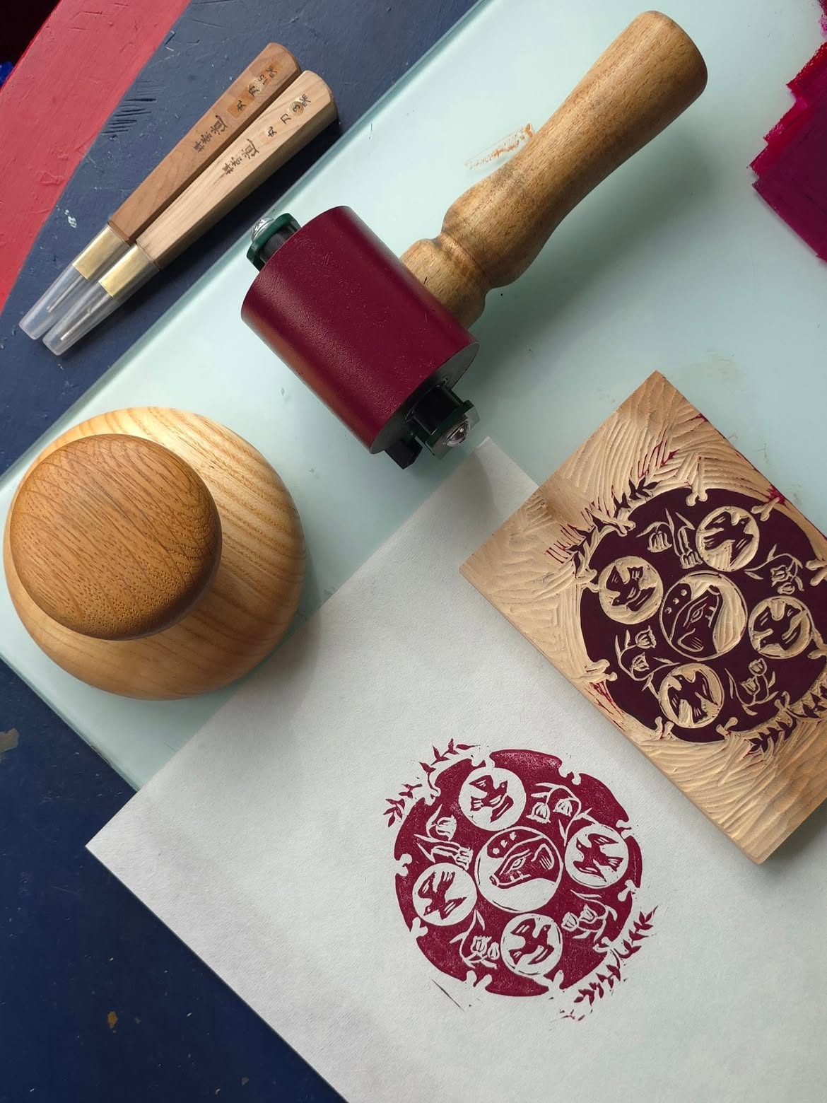 Ritualis Press Printmaking Wooden Baren Printed Art On Desk