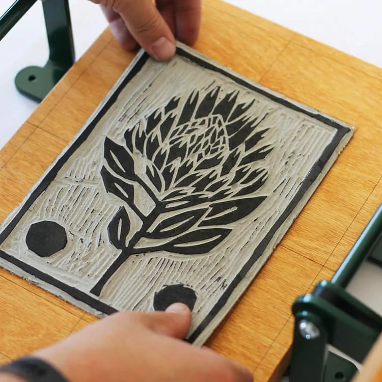 Cut linocut plate for printing on A4 linocut press